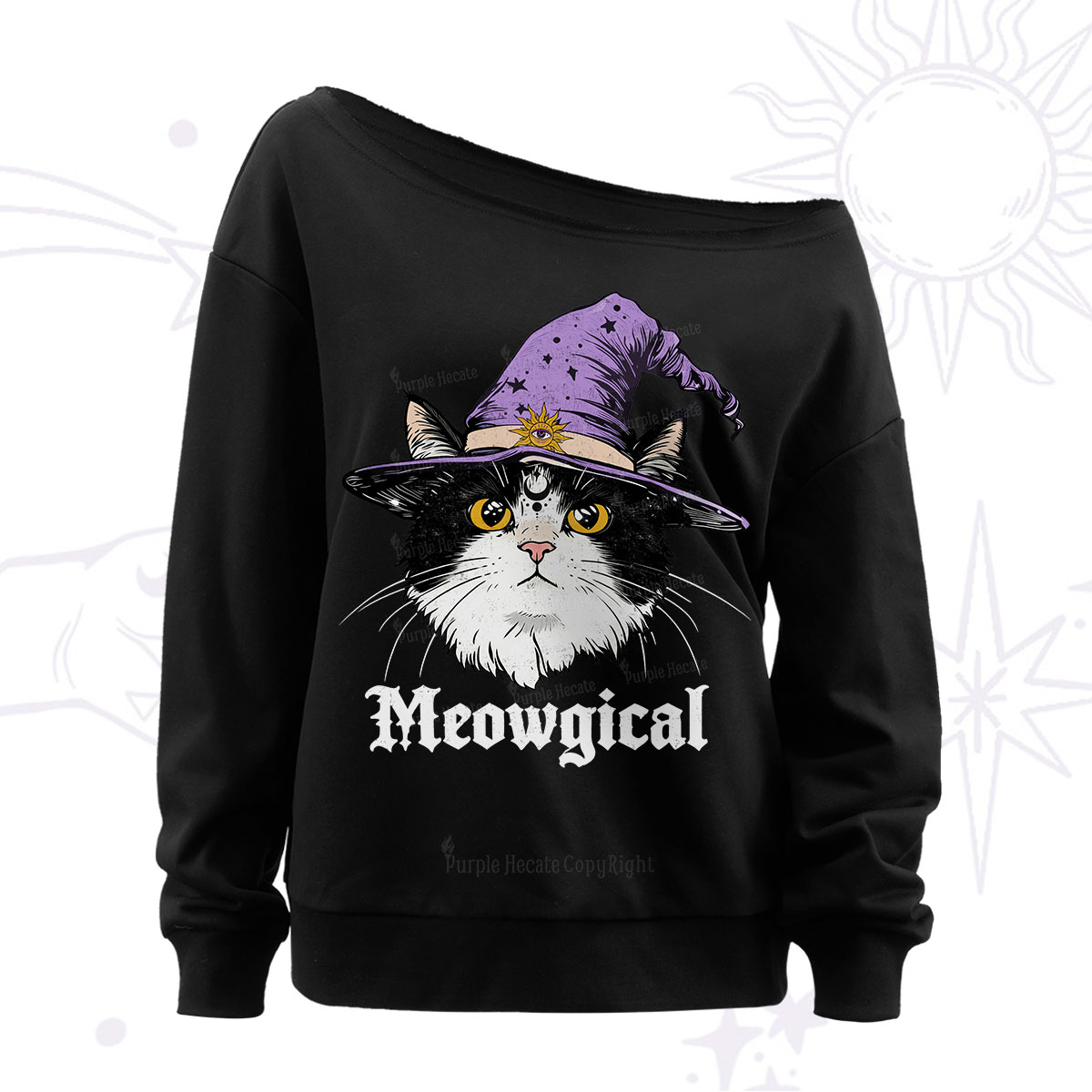 Purplehecate Meowgical Witch Cat Off The Shoulder Sweatshirt