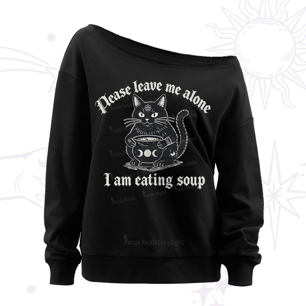 Purplehecate Magic Cat Eating Soup Off The Shoulder Sweatshirt