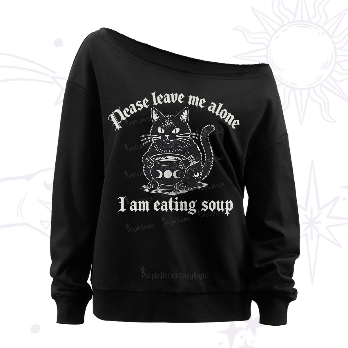 Purplehecate Magic Cat Eating Soup Off The Shoulder Sweat