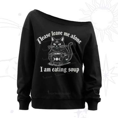 Purplehecate Magic Cat Eating Soup Off The Shoulder Sweatshirt