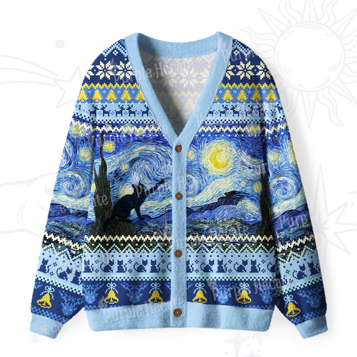 Purplehecate Witch Cat Under the Starry Night Ugly Cardigan Sweaters