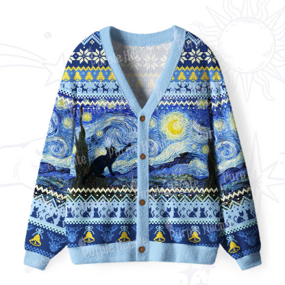 Purplehecate Witch Cat Under the Starry Night Ugly Cardigan Sweaters
