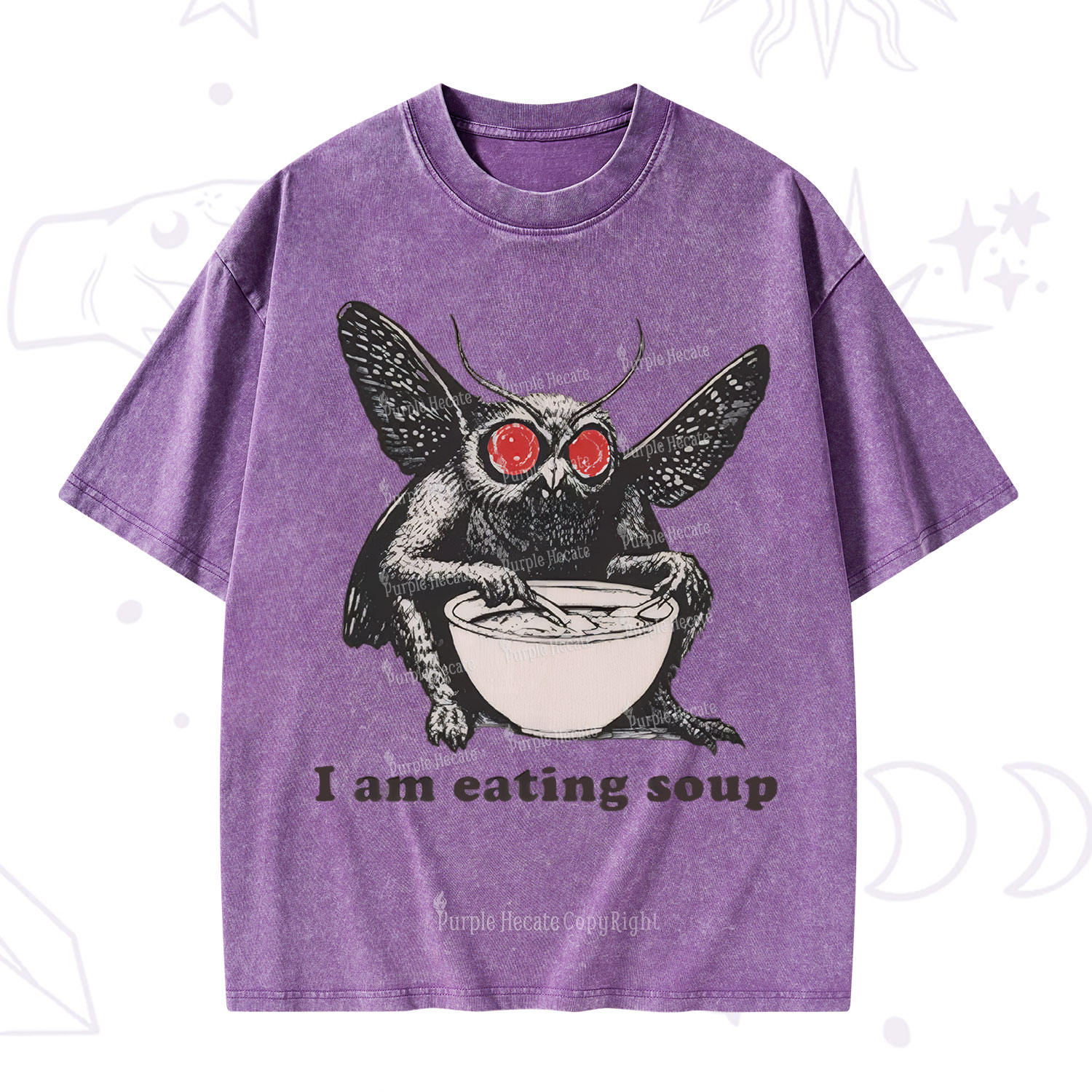 Purplehecate Mothman Eating Soup Washed T-Shirt