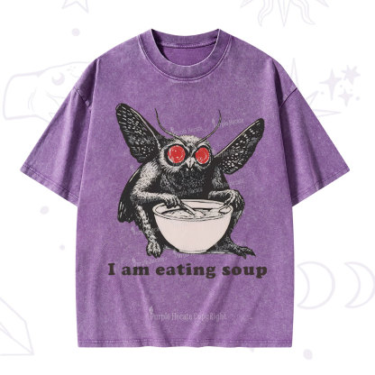 Purplehecate Mothman Eating Soup Washed T-Shirt