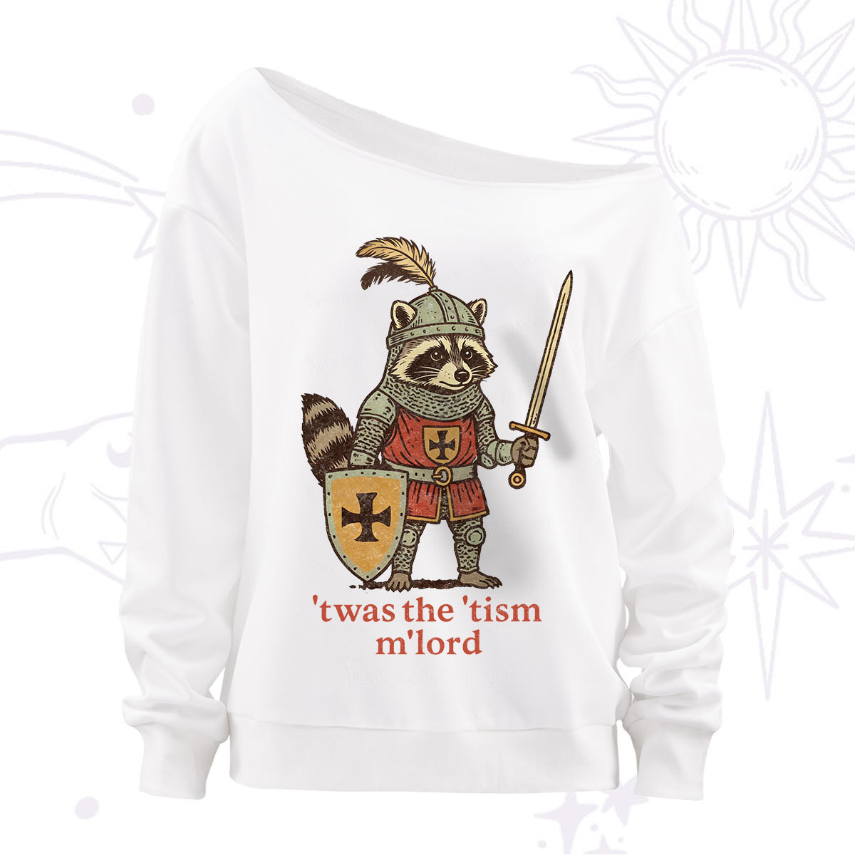 Purplehecate Raccoon Knight 'Twas The Tism M'Lord Off The Shoulder Sweatshirt