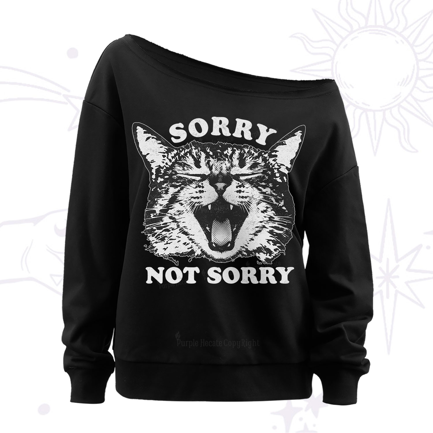 Purplehecate Sorry Not Sorry Funny Cat Off The Shoulder Sweatshirt