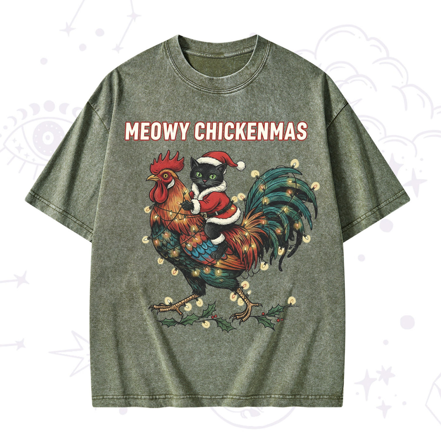 Purplehecate Meowy Chickenmas Christmas Washed T-Shirt