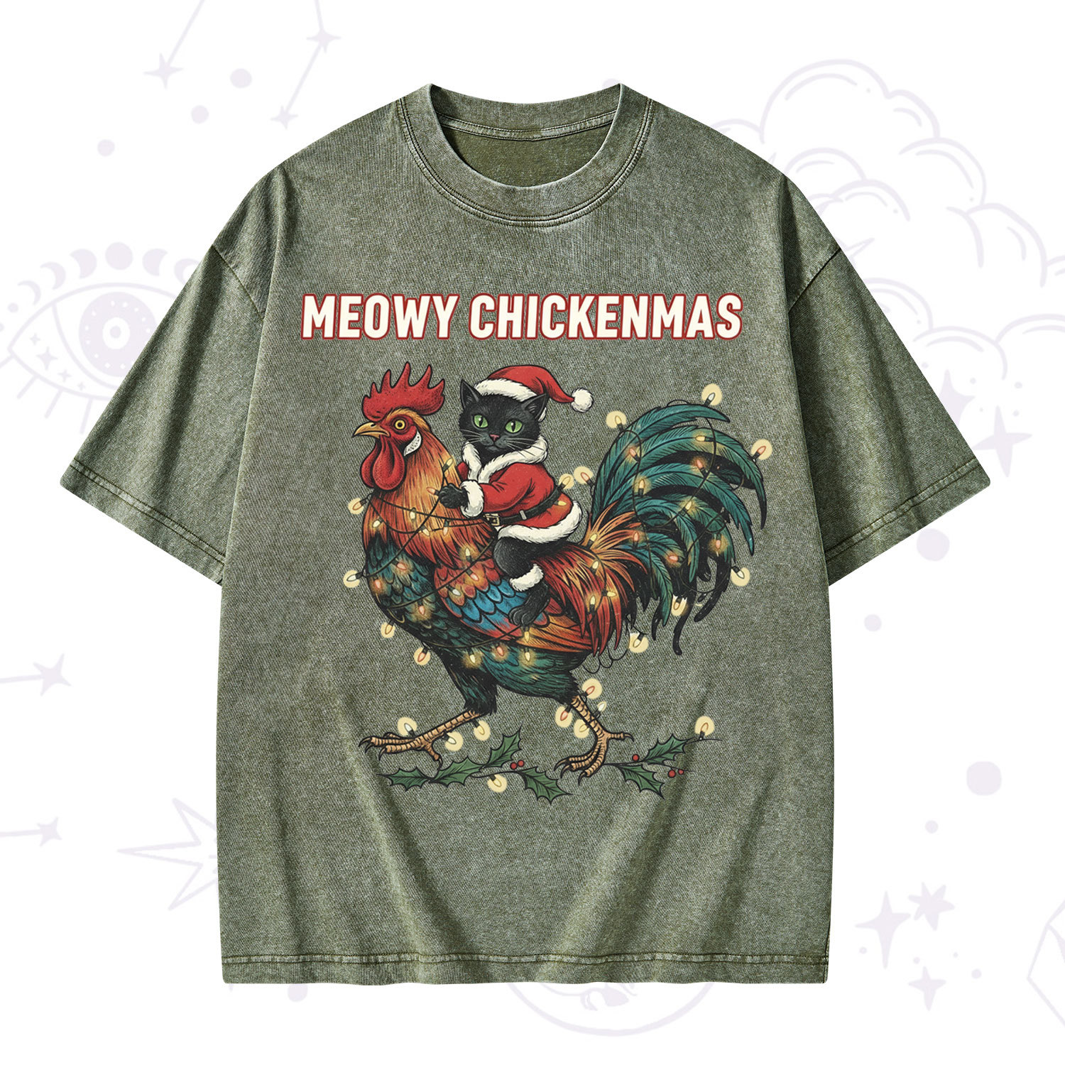 Purplehecate Meowy Chickenmas Christmas Washed T-Shirt