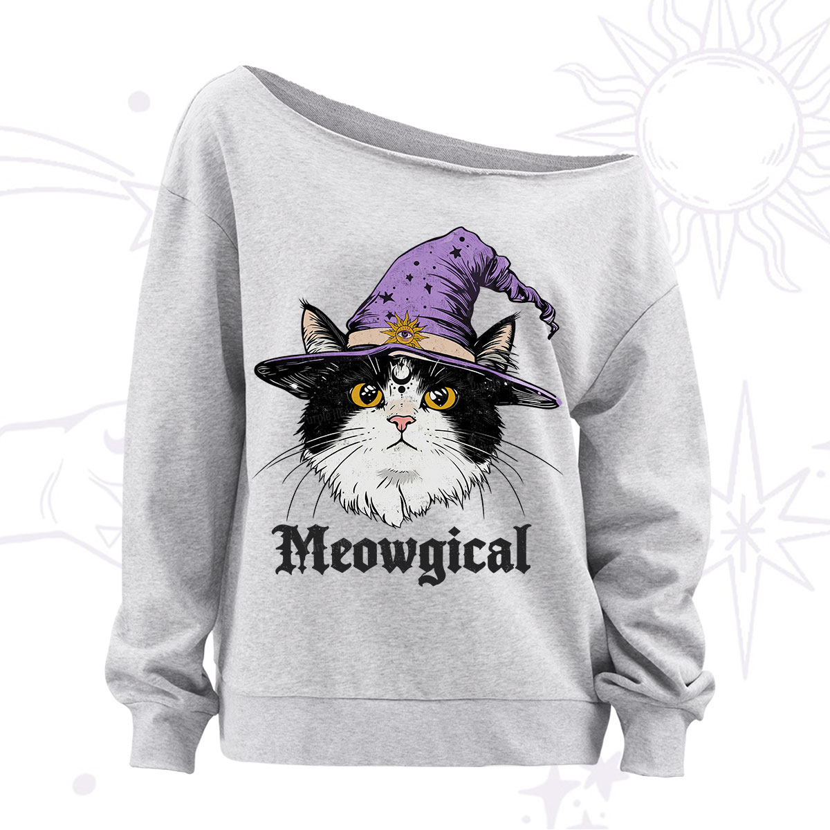 Purplehecate Meowgical Witch Cat Off The Shoulder Sweatshirt