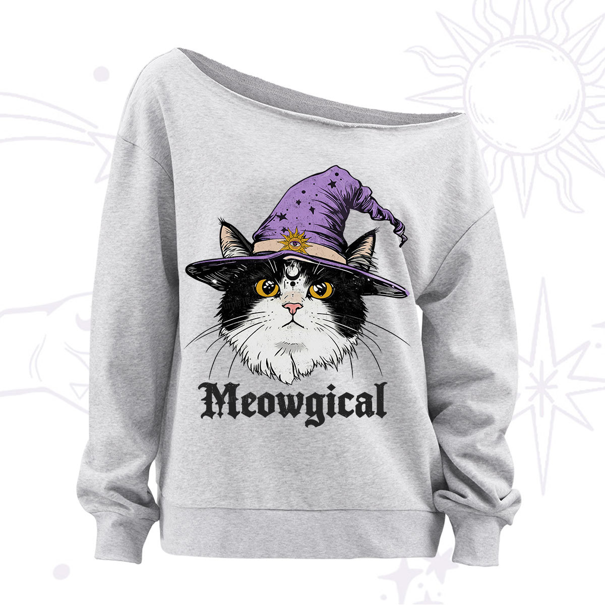 Purplehecate Meowgical Witch Cat Off The Shoulder Sweatshirt