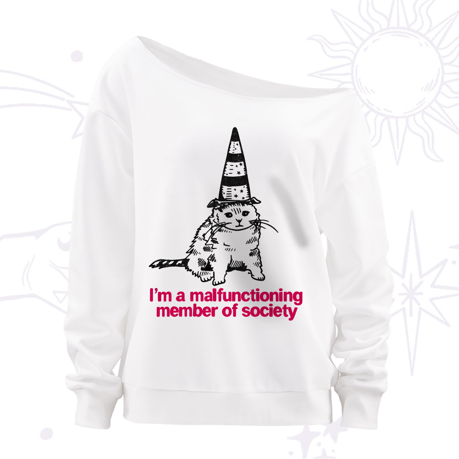 Purplehecate Social Anxiety Cat Off The Shoulder Sweatshirt