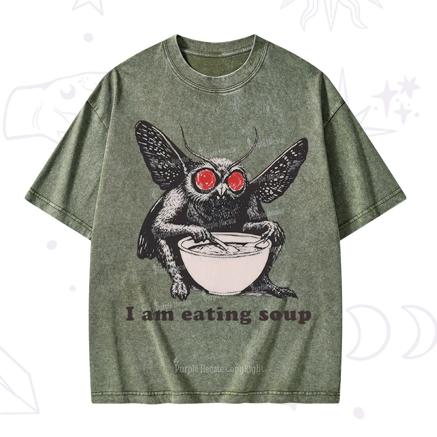 Purplehecate Mothman Eating Soup Washed T-Shirt