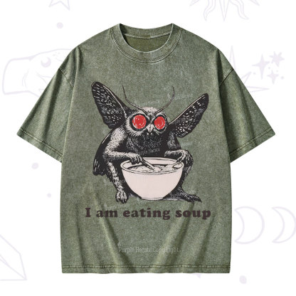Purplehecate Mothman Eating Soup Washed T-Shirt