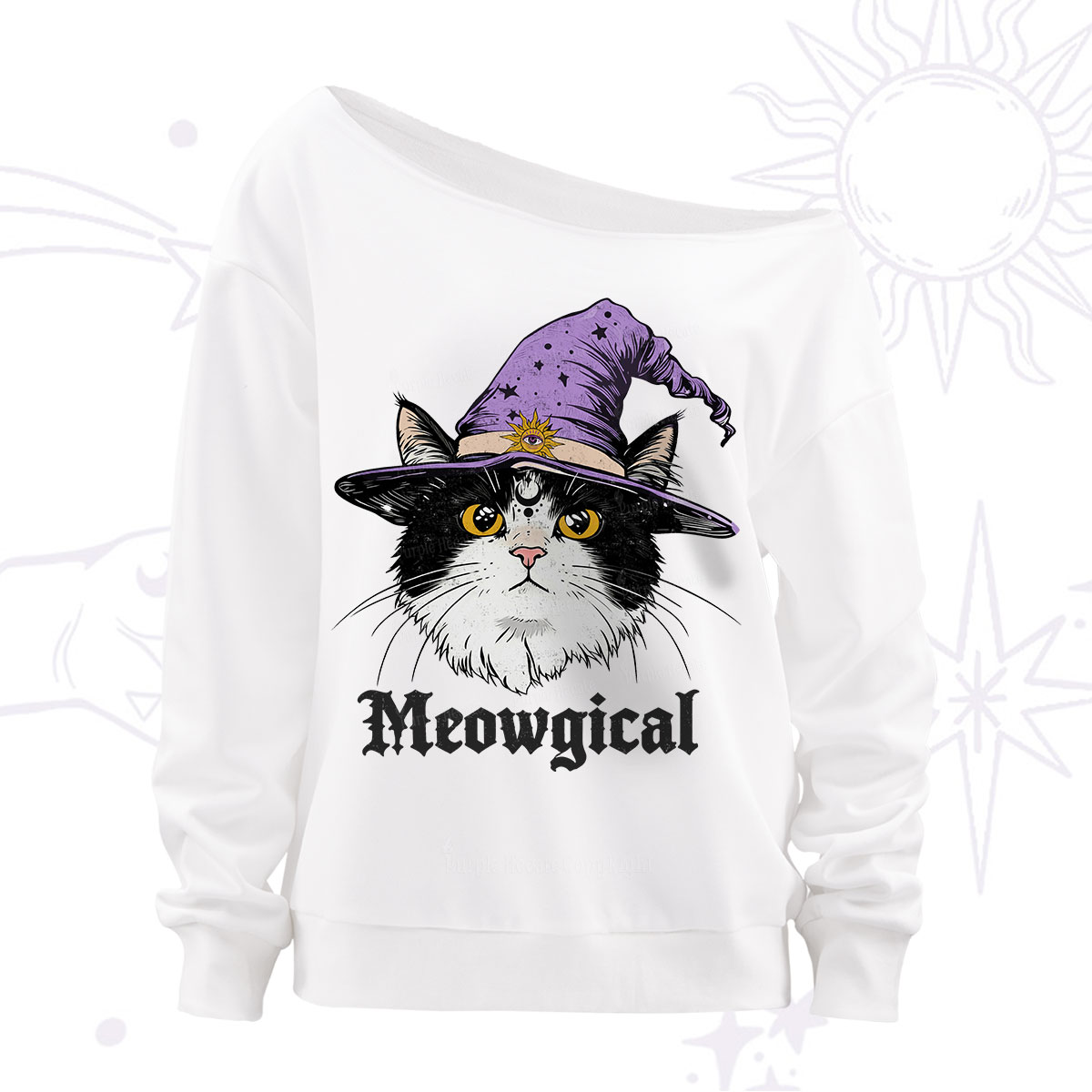 Purplehecate Meowgical Witch Cat Off The Shoulder Sweatshirt