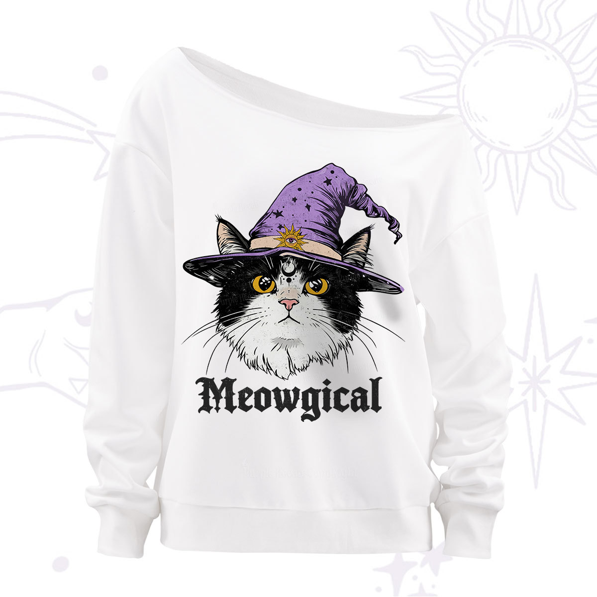 Purplehecate Meowgical Witch Cat Off The Shoulder Sweatshirt