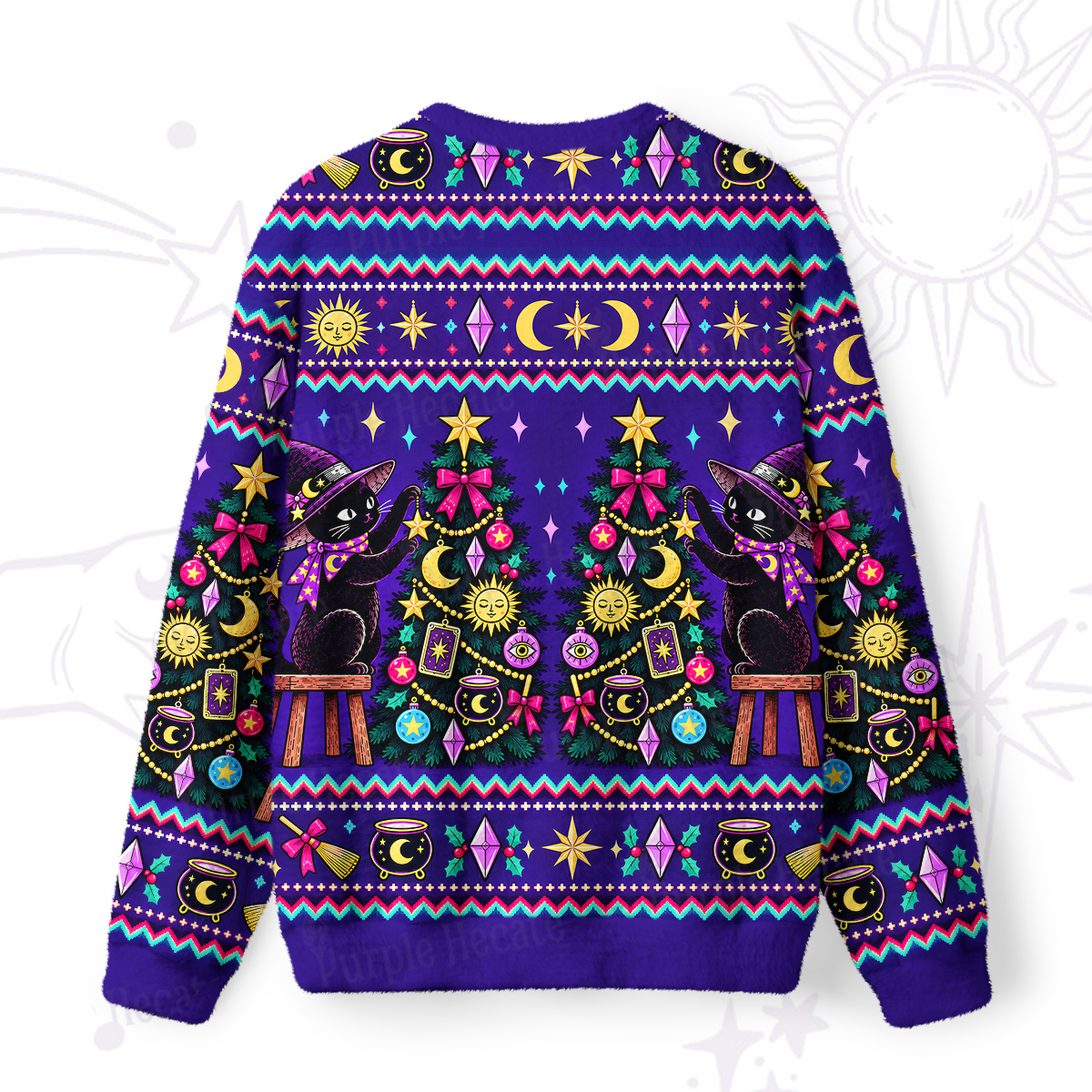 Purplehecate Black Cat Decorating the Christmas Tree Fuzzy Ugly Sweatshirt
