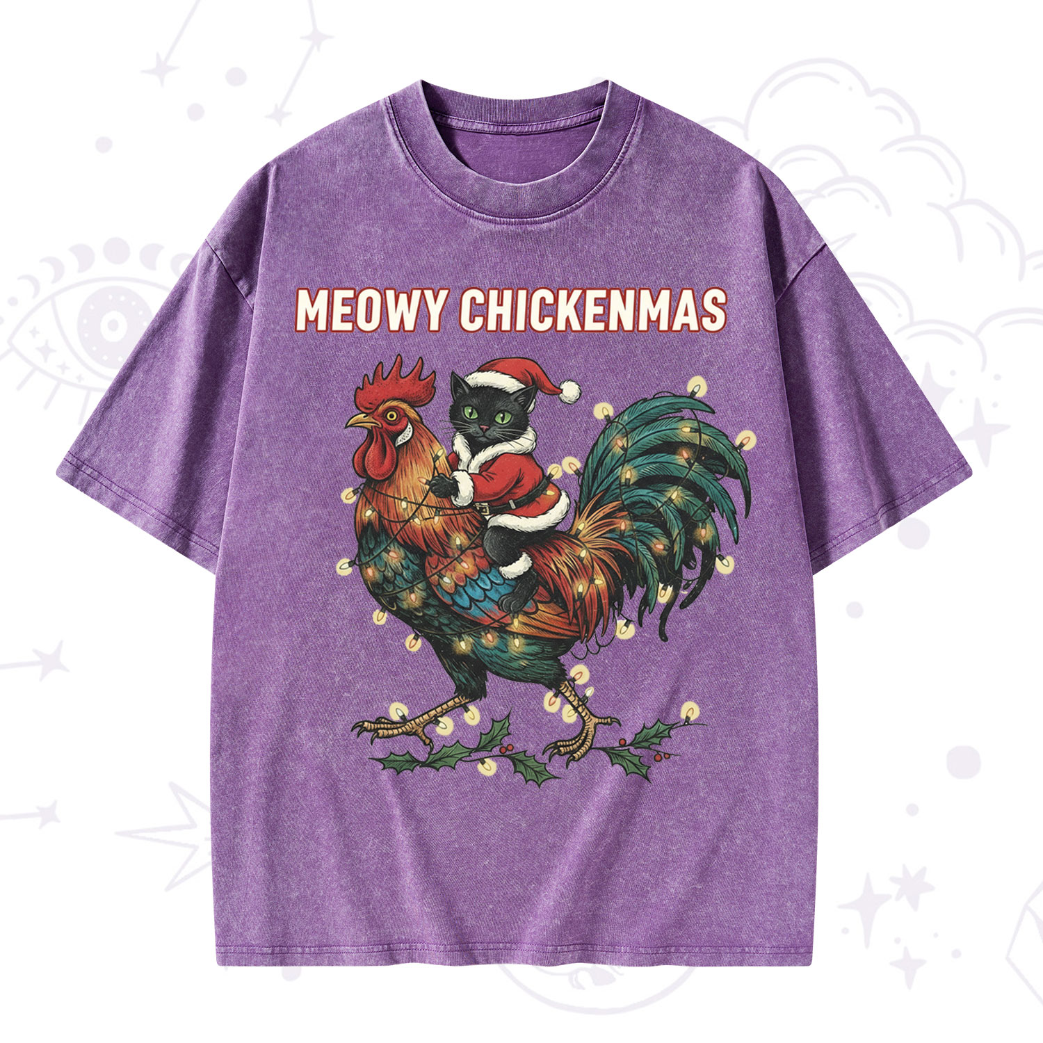 Purplehecate Meowy Chickenmas Christmas Washed T-Shirt