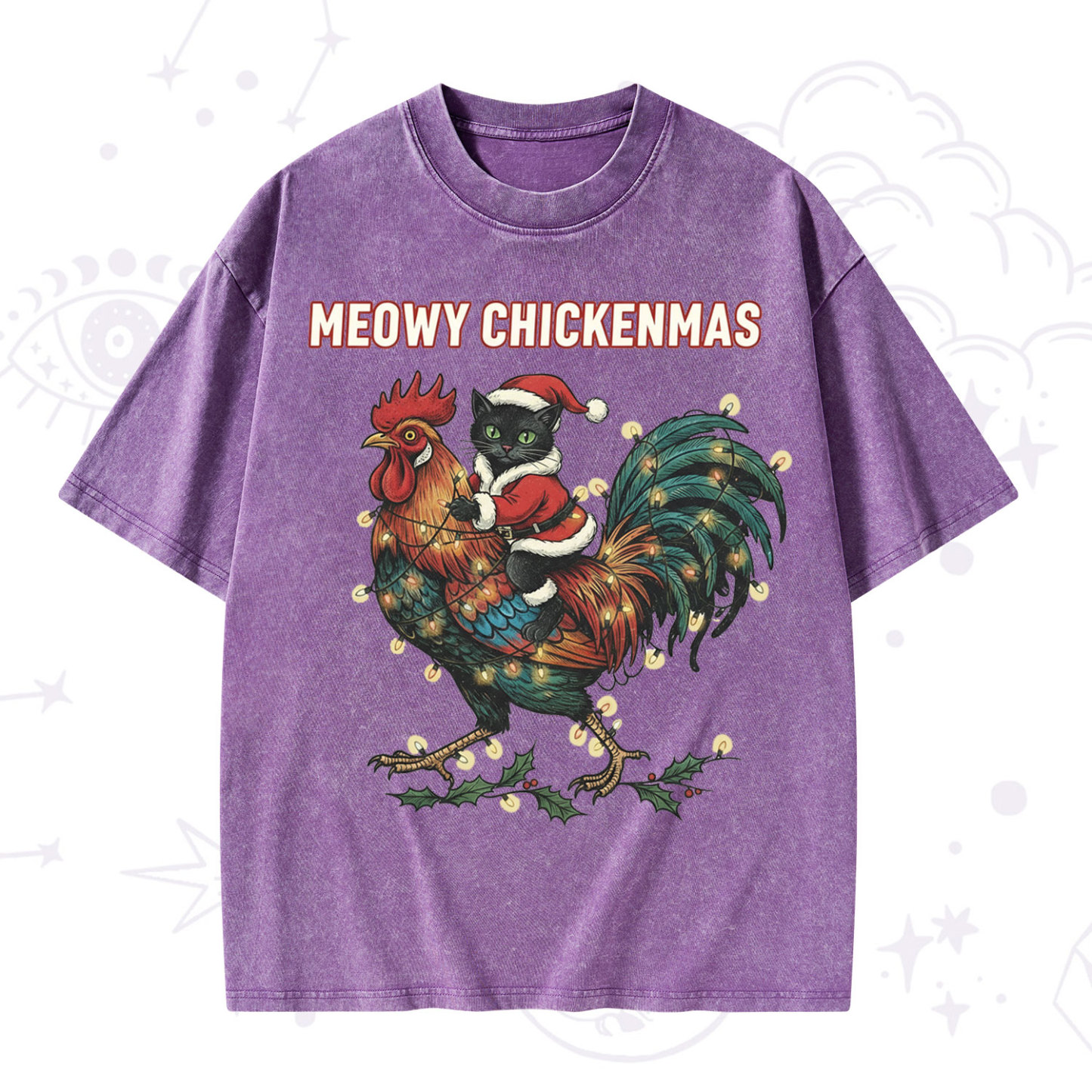 Purplehecate Meowy Chickenmas Christmas Washed T-Shirt