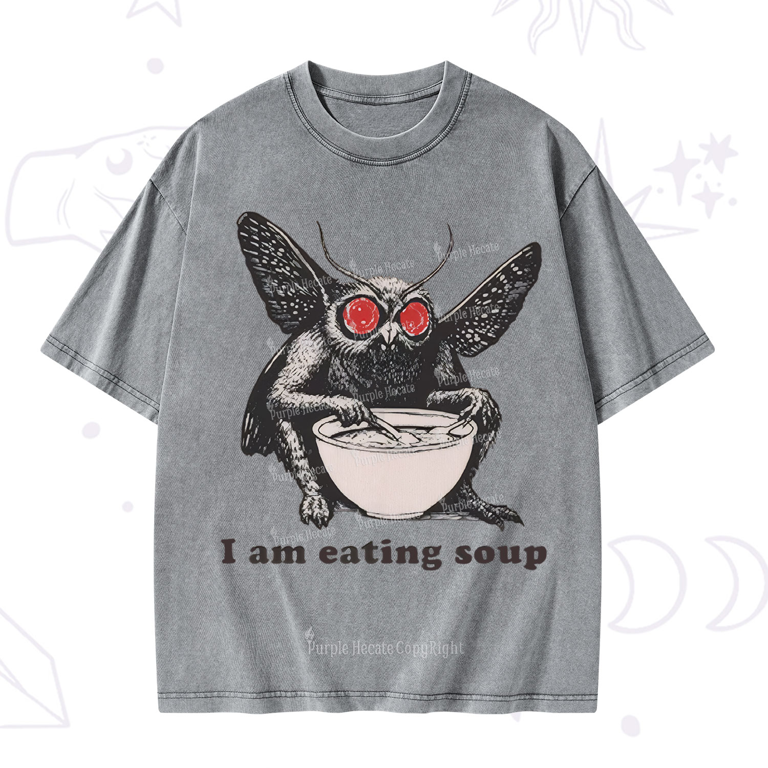 Purplehecate Mothman Eating Soup Washed T-Shirt