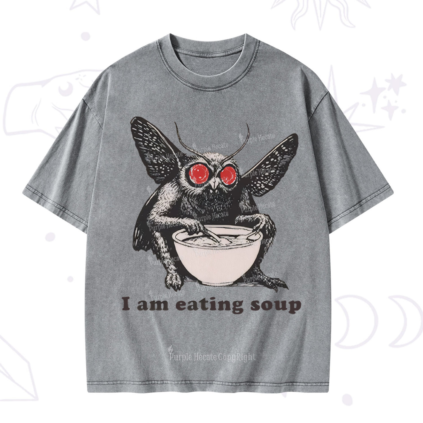 Purplehecate Mothman Eating Soup Washed T-Shirt