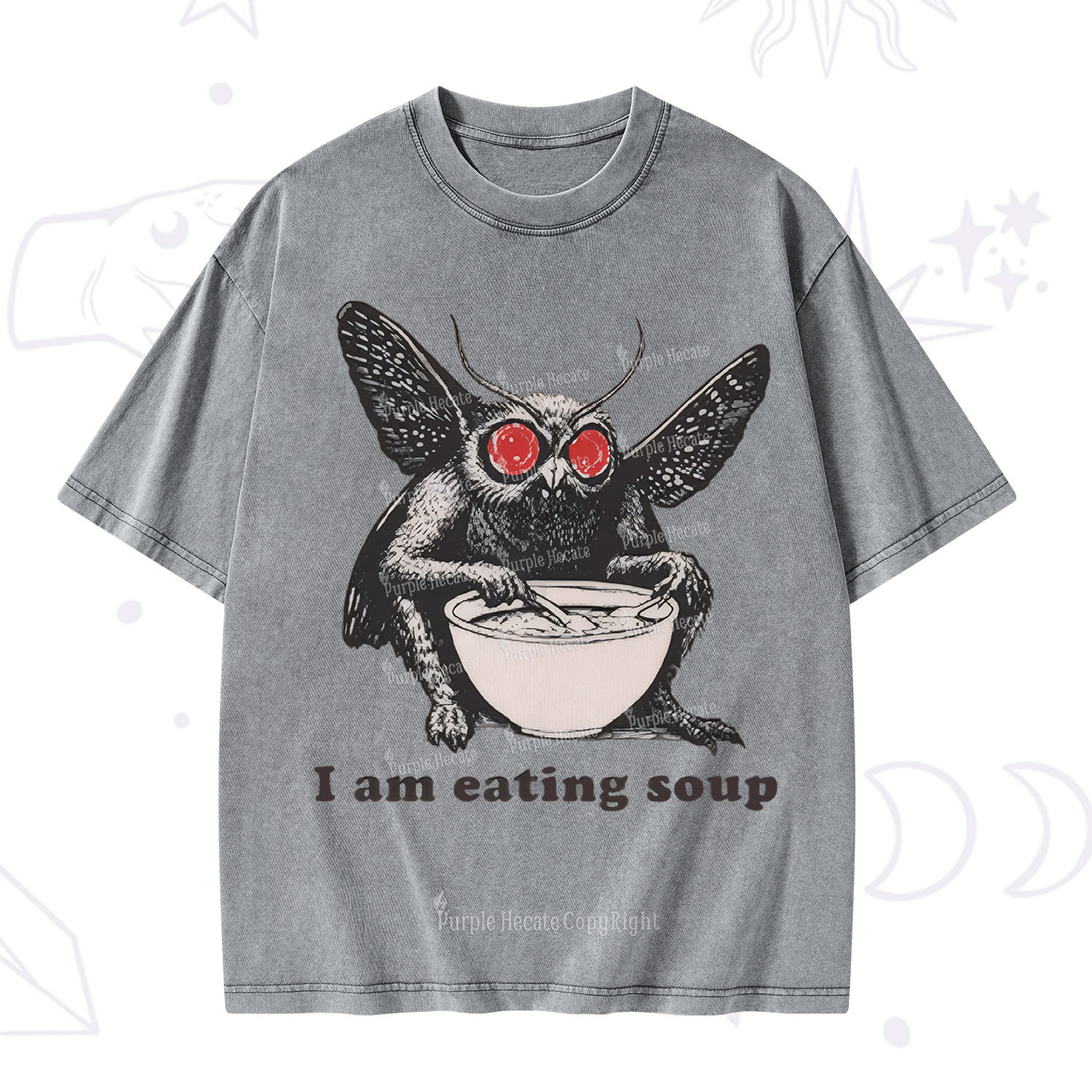 Purplehecate Mothman Eating Soup Washed T-Shirt