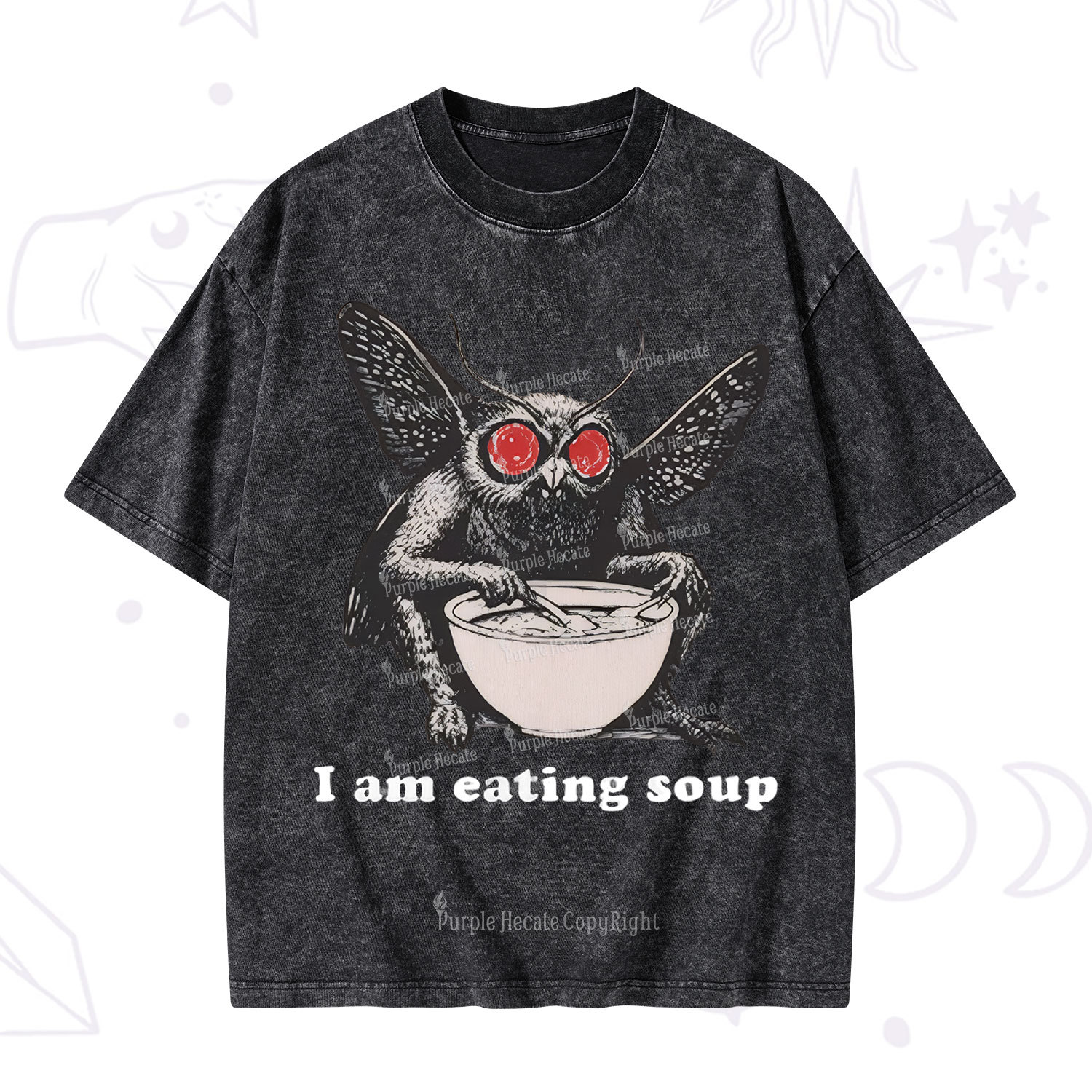 Purplehecate Mothman Eating Soup Washed T-Shirt