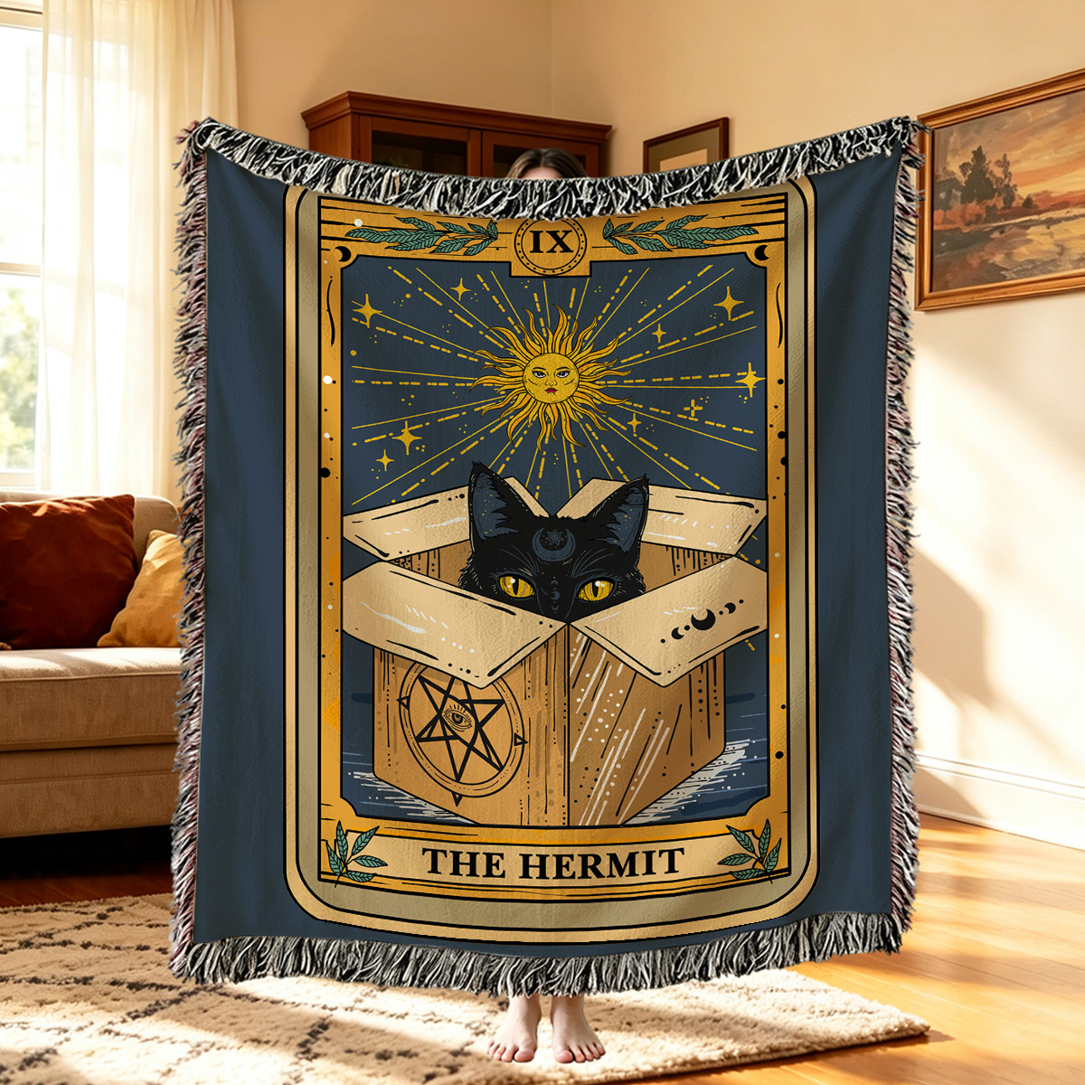 Purplehecate The Hermit Cat Tarot Card Woven Tapestry Blanket