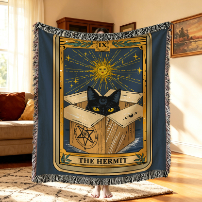 Purplehecate The Hermit Cat Tarot Card Woven Tapestry Blanket
