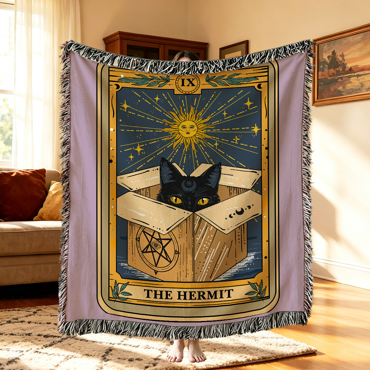 Purplehecate The Hermit Cat Tarot Card Woven Tapestry Blanket