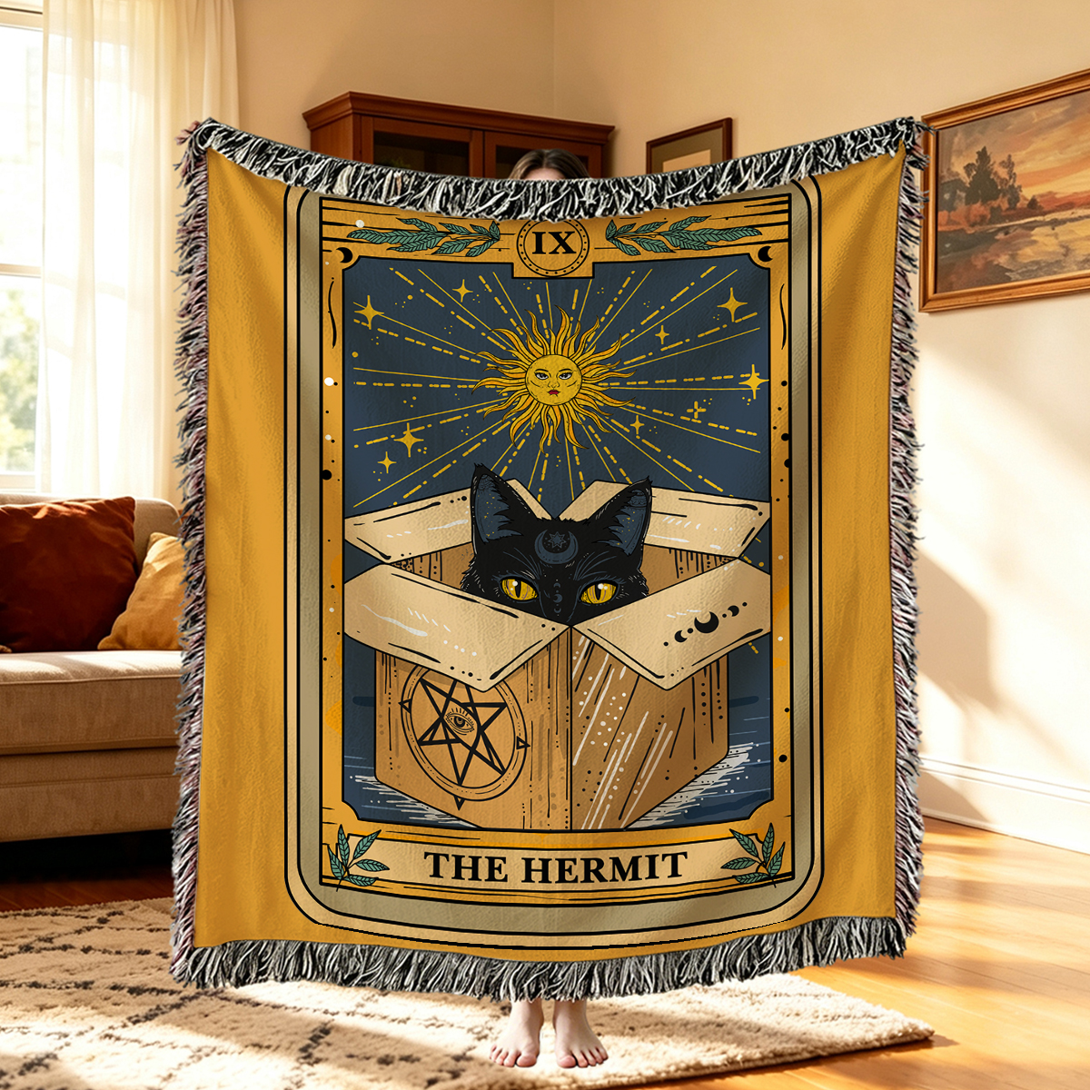 Purplehecate The Hermit Cat Tarot Card Woven Tapestry Blanket