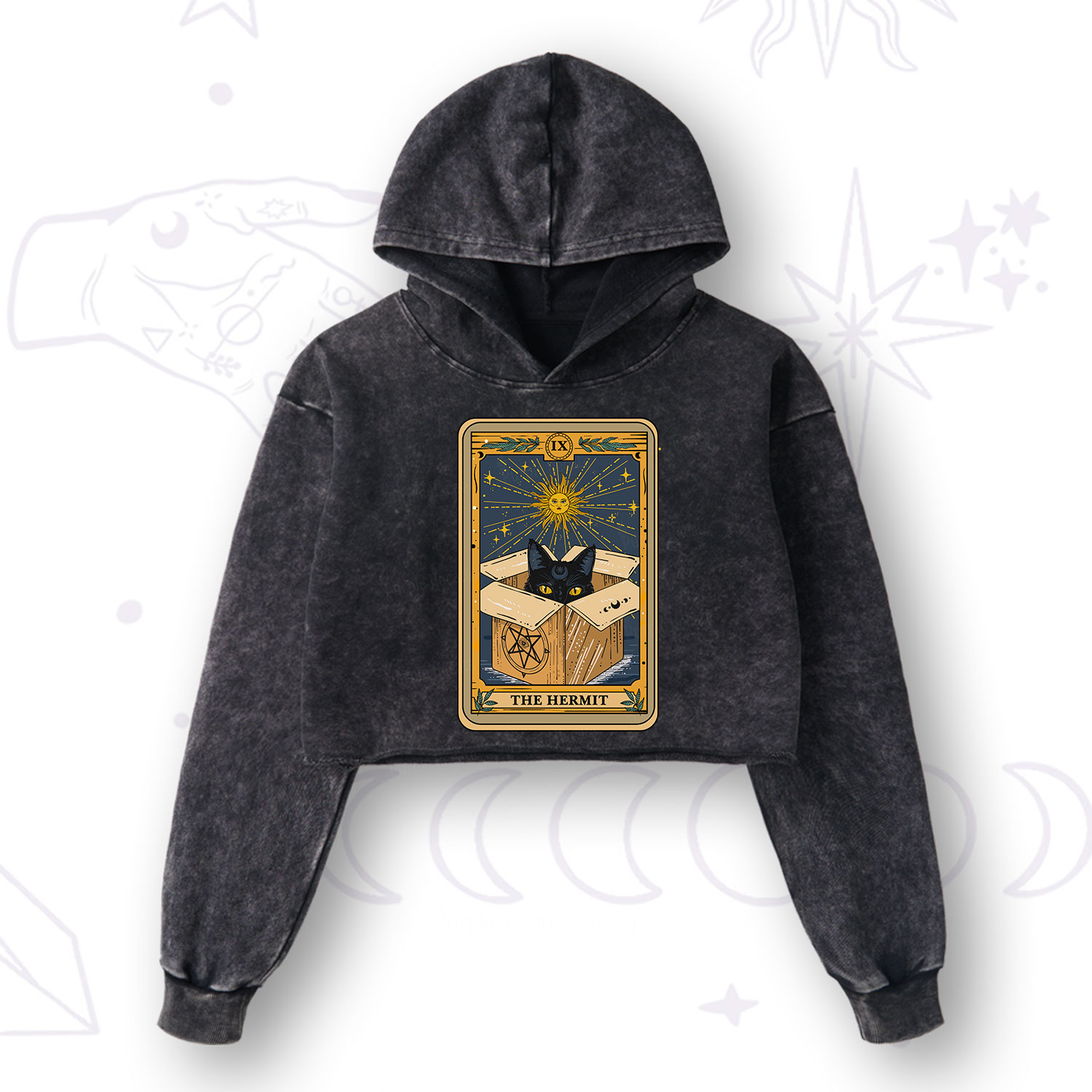 Purplehecate The Hermit Cat Tarot Card Washed Cropped Hoodie