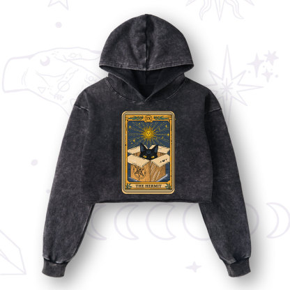 Purplehecate The Hermit Cat Tarot Card Washed Cropped Hoodie