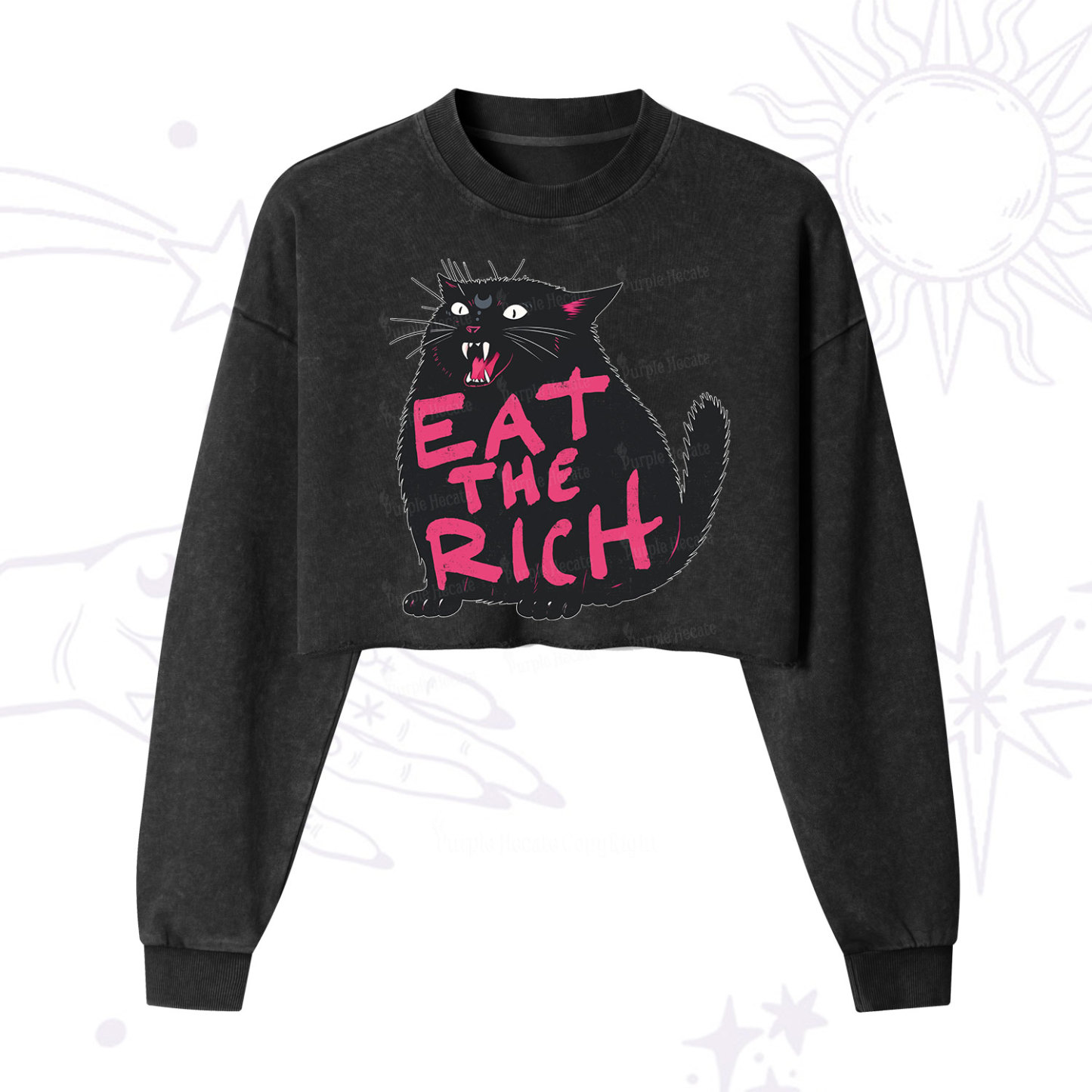 Purplehecate Eat The Rich Cat Cropped Washed Sweatshirt
