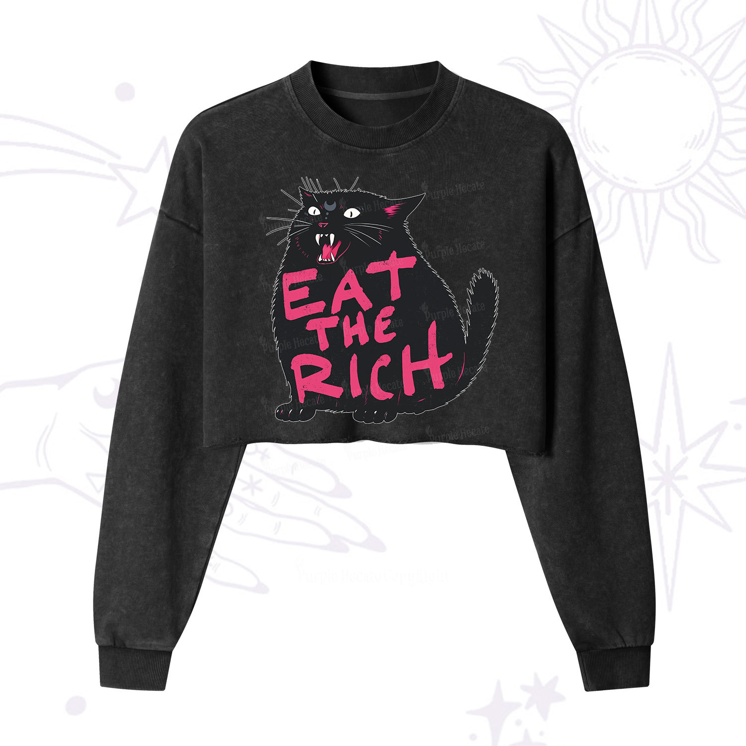 Purplehecate Eat The Rich Cat Cropped Washed Sweatshirt
