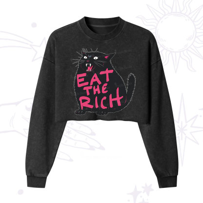 Purplehecate Eat The Rich Cat Cropped Washed Sweatshirt