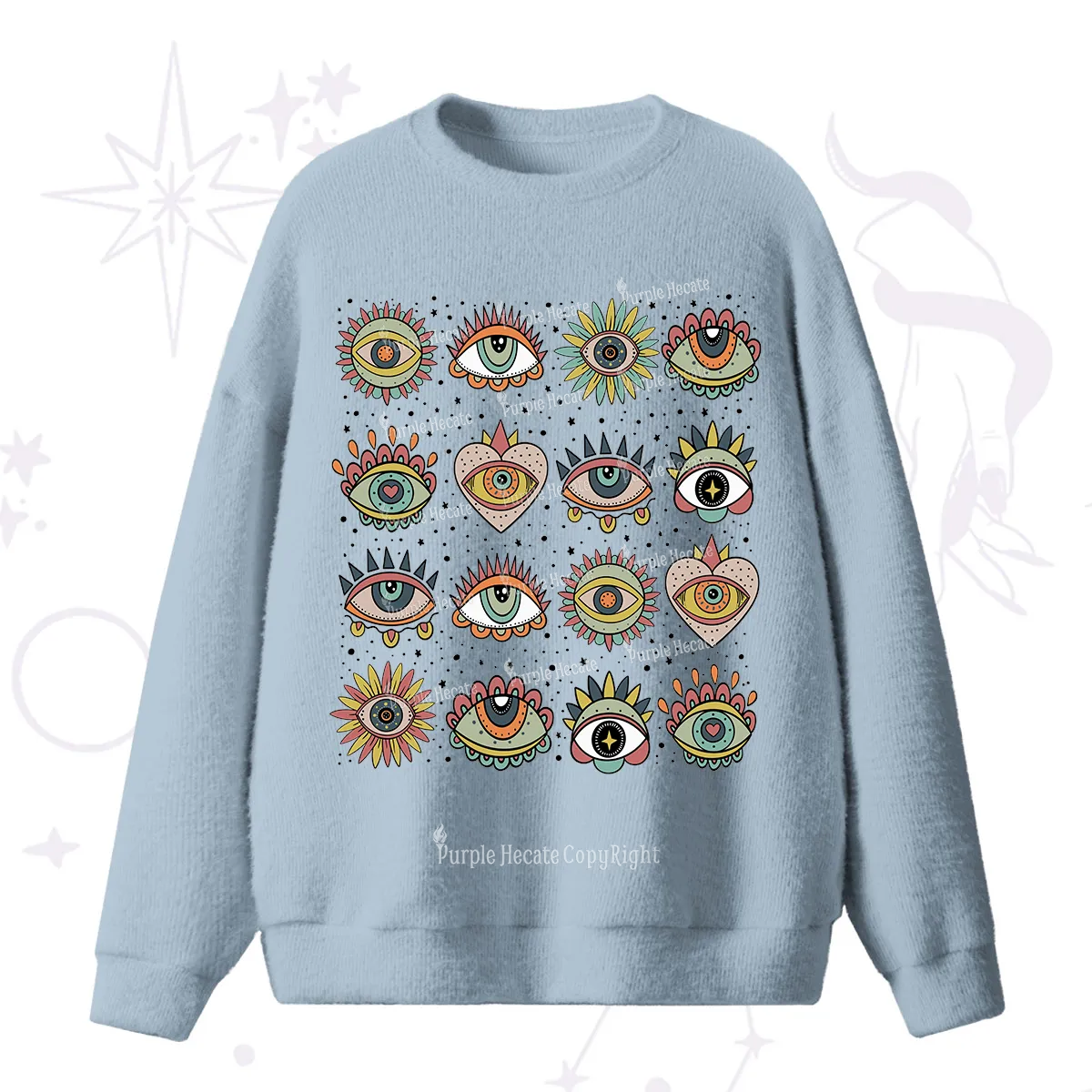 Purplehecate Mystical Evil Eye Pattern Fuzzy Ugly Sweater