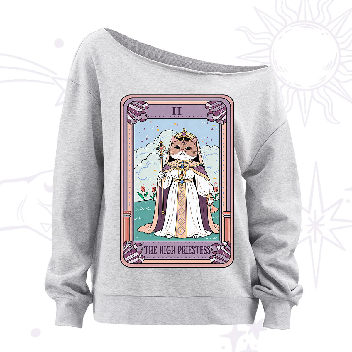 Purplehecate The High Priestess Cat Tarot Off The Shoulder Sweatshirt