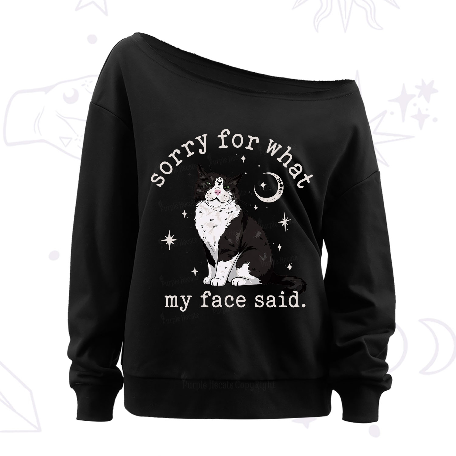 Purplehecate Sorry For What My Face Said Cat Off The Shoulder Sweatshirt