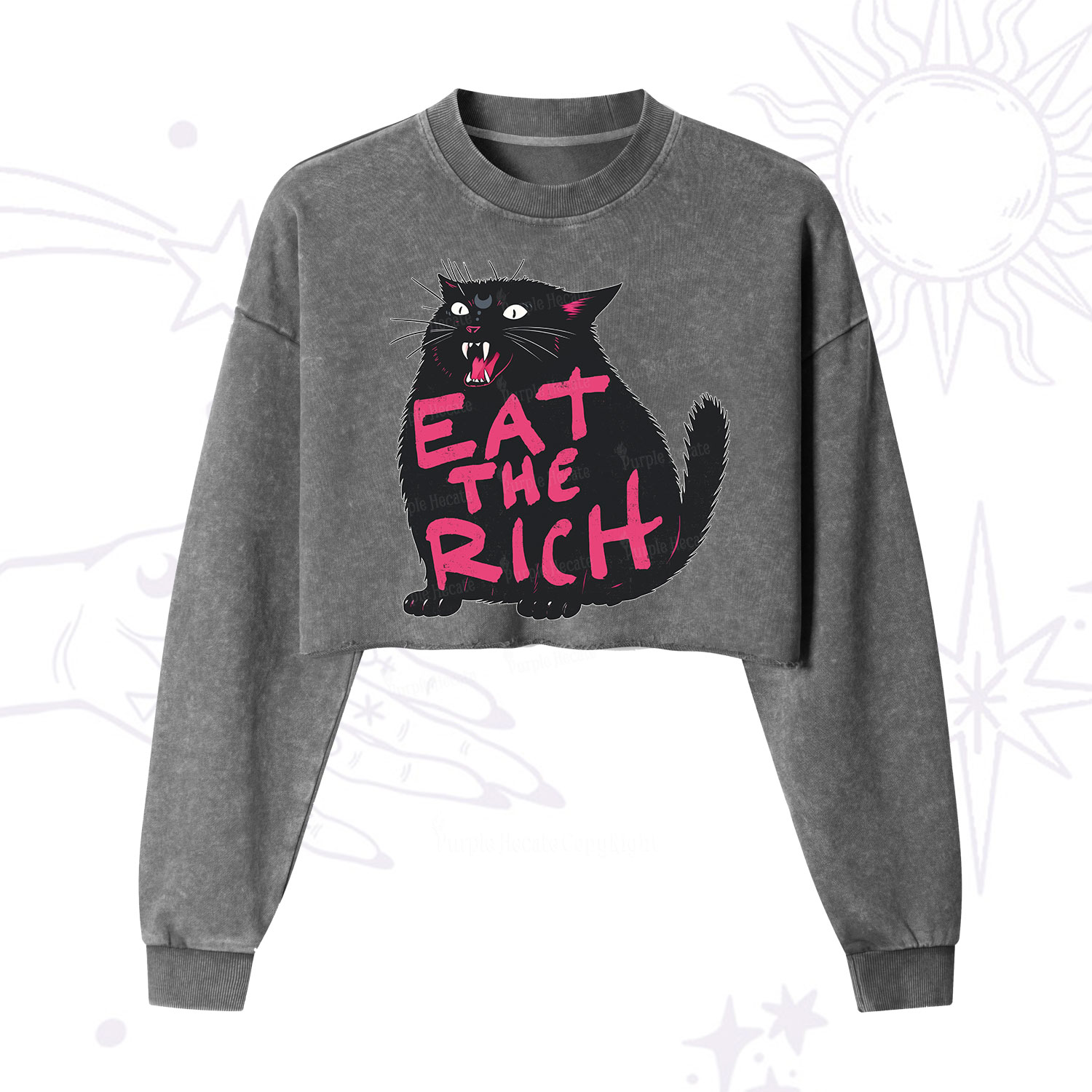 Purplehecate Eat The Rich Cat Cropped Washed Sweatshirt