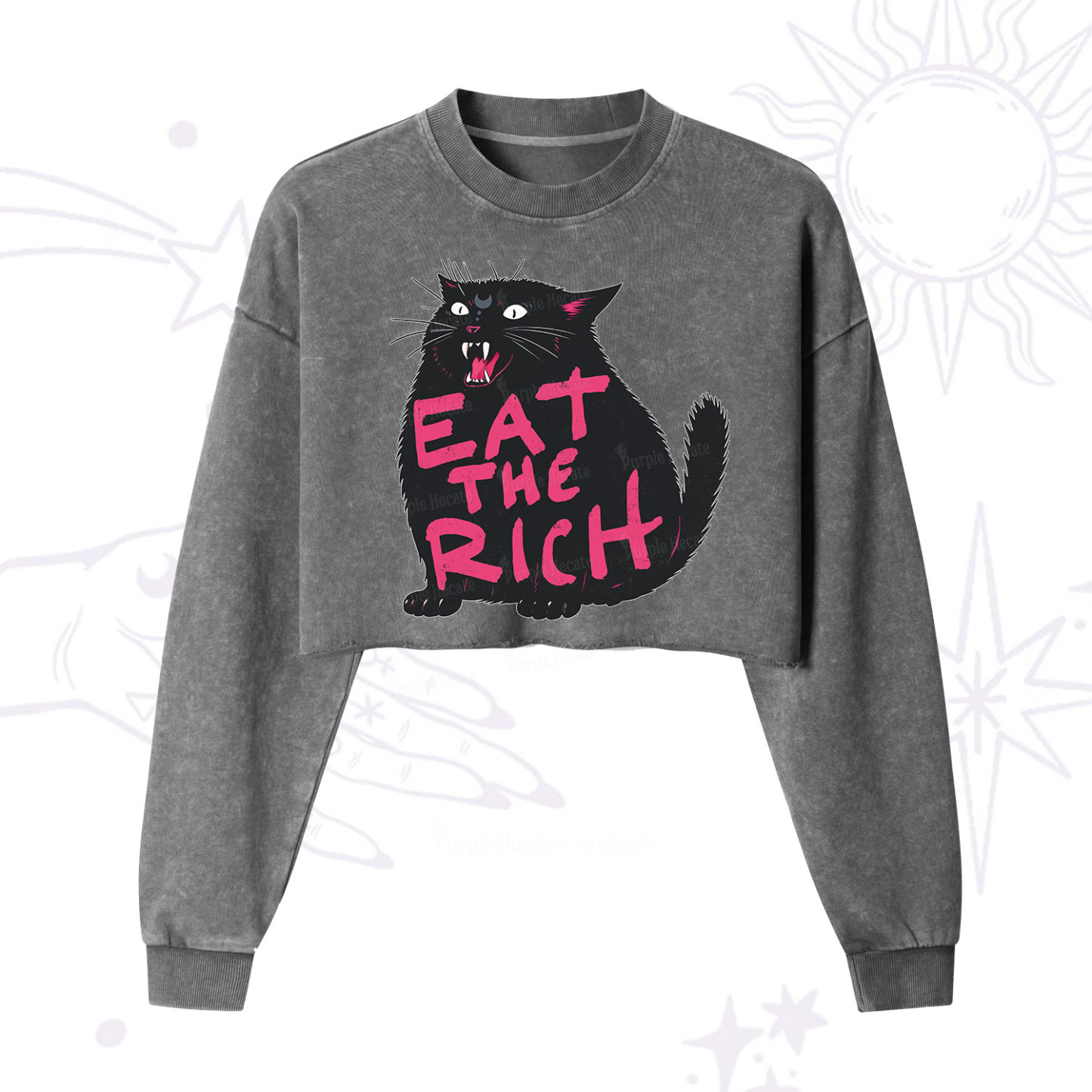Purplehecate Eat The Rich Cat Cropped Washed Sweatshirt