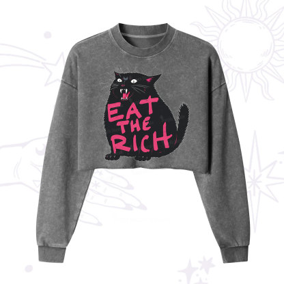 Purplehecate Eat The Rich Cat Cropped Washed Sweatshirt