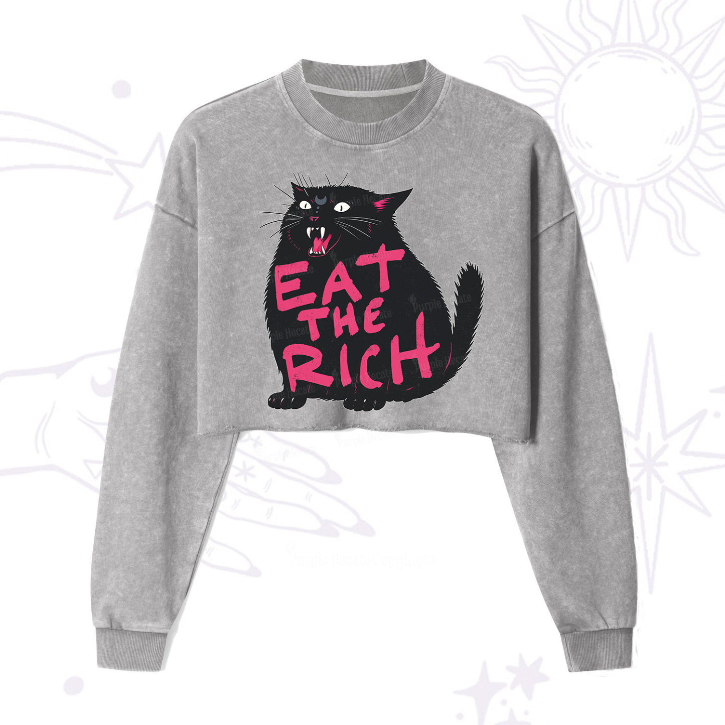 Purplehecate Eat The Rich Cat Cropped Washed Sweatshirt