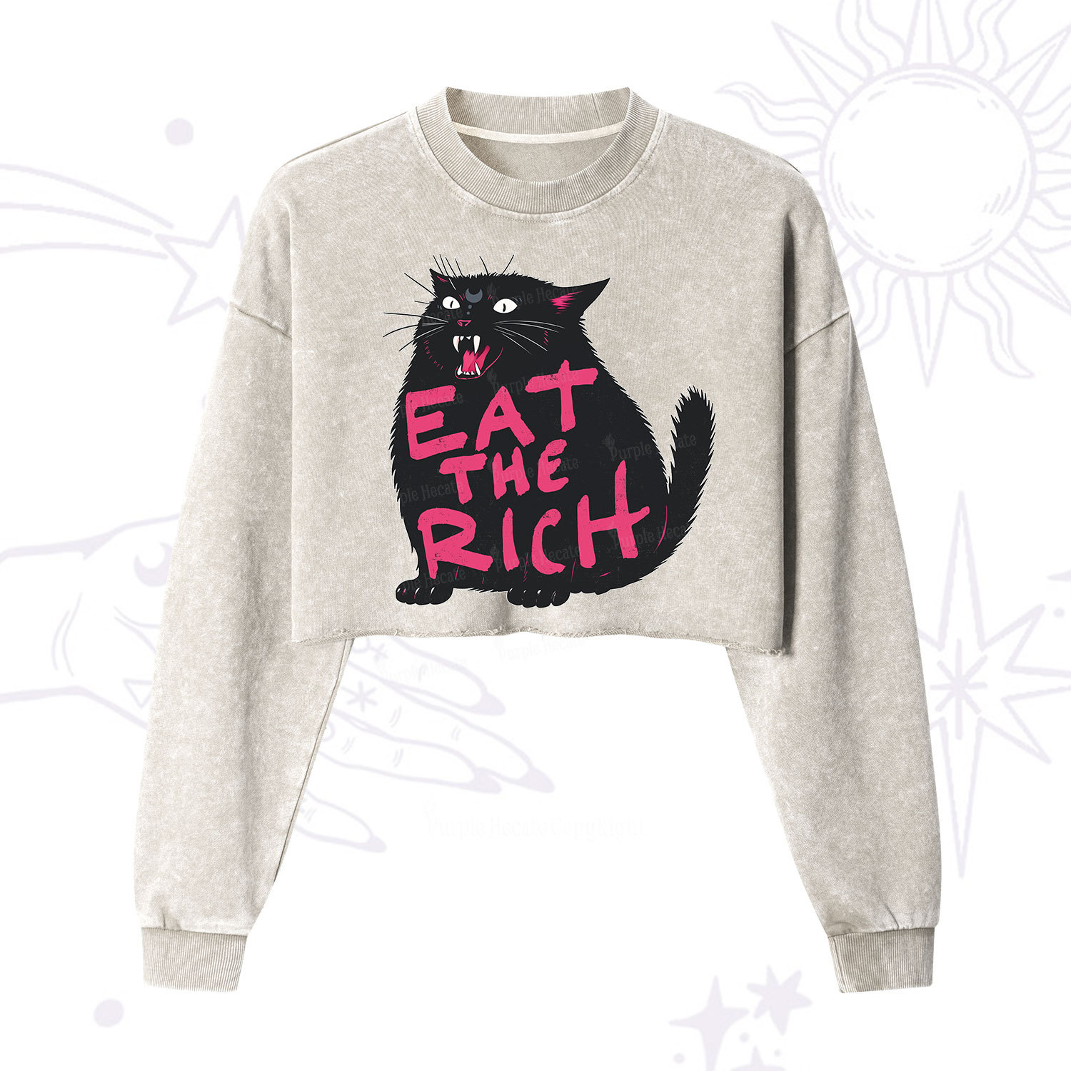 Purplehecate Eat The Rich Cat Cropped Washed Sweatshirt