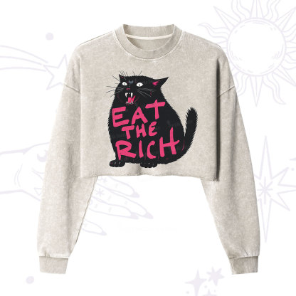 Purplehecate Eat The Rich Cat Cropped Washed Sweatshirt