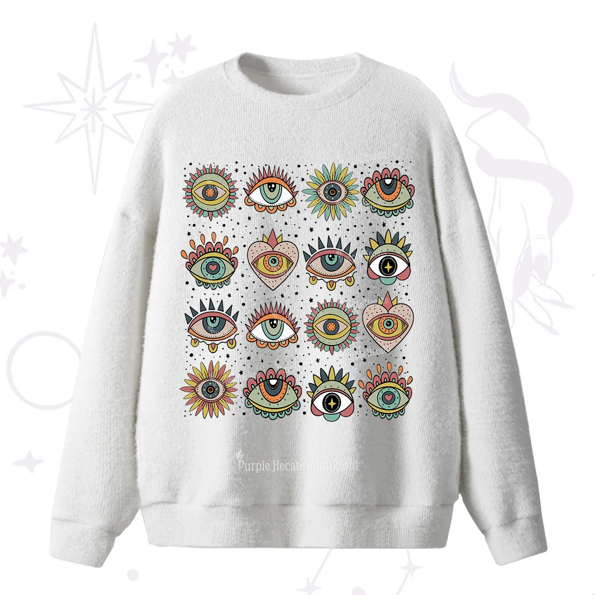 Purplehecate Mystical Evil Eye Pattern Fuzzy Ugly Sweater