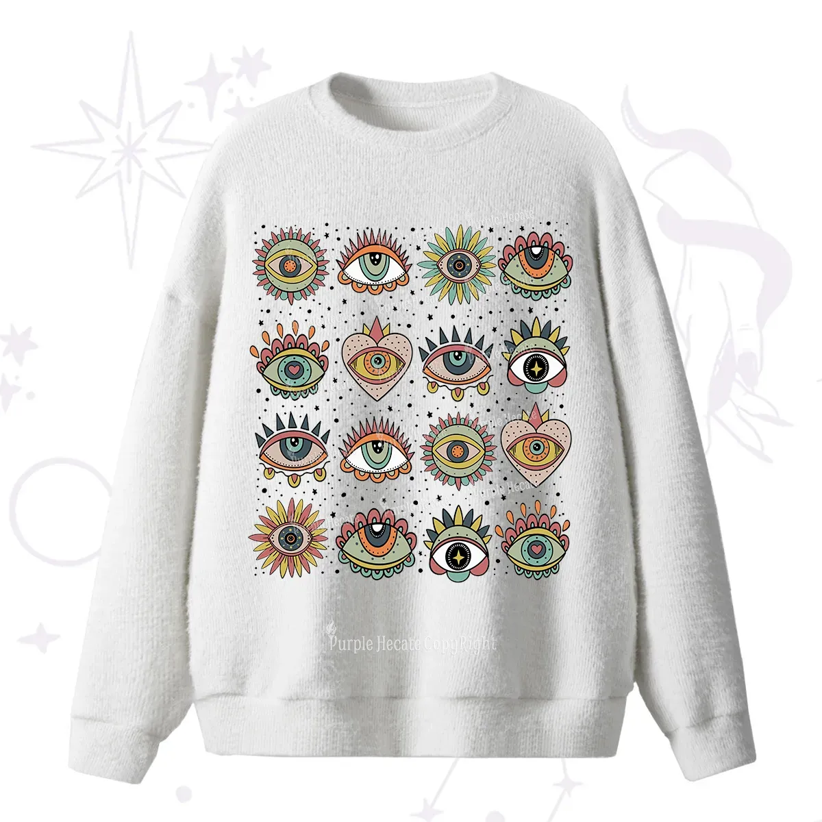 Purplehecate Mystical Evil Eye Pattern Fuzzy Ugly Sweater