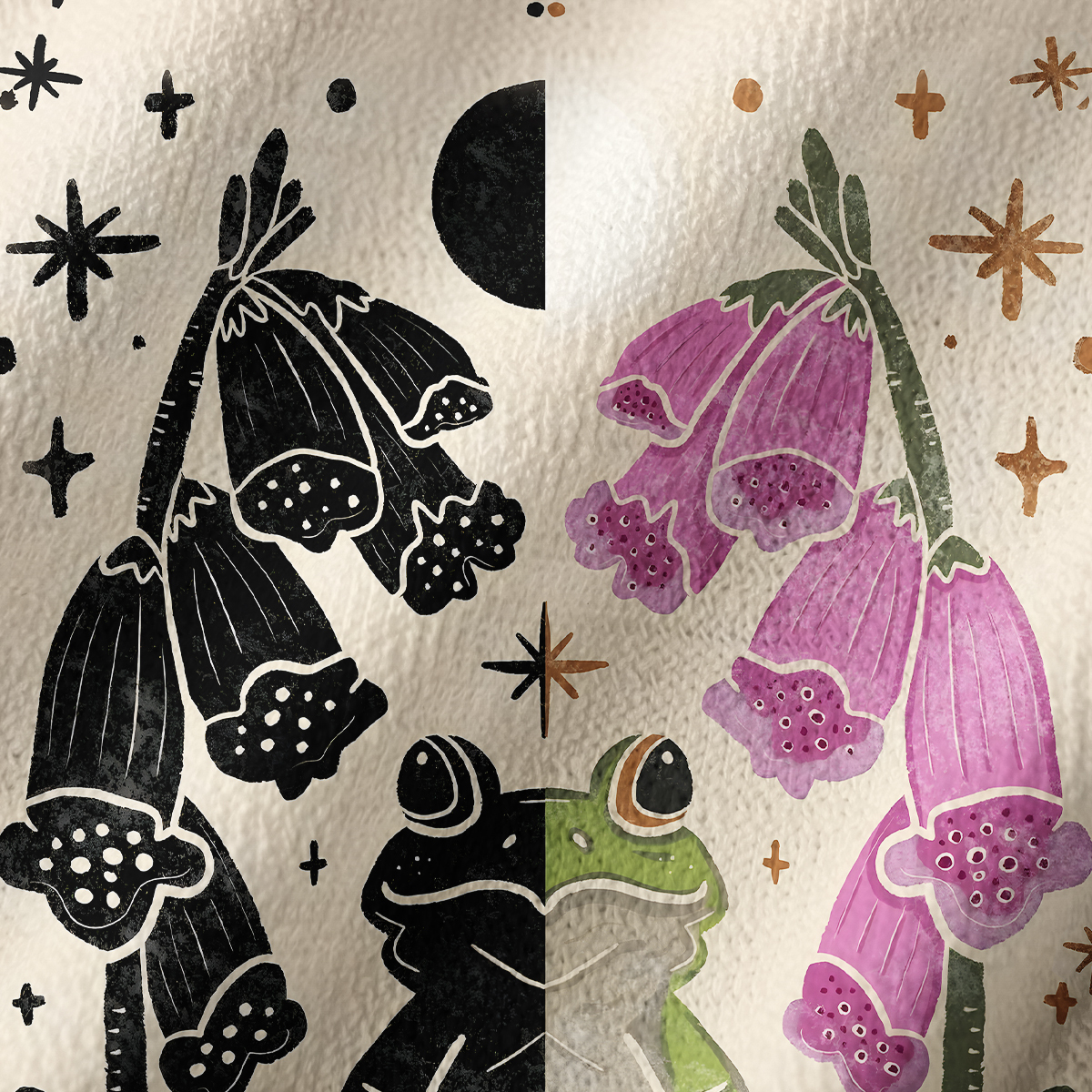 Purplehecate Dual-Tone Frog Garden Off Shoulder Long Sleeve Knit Top