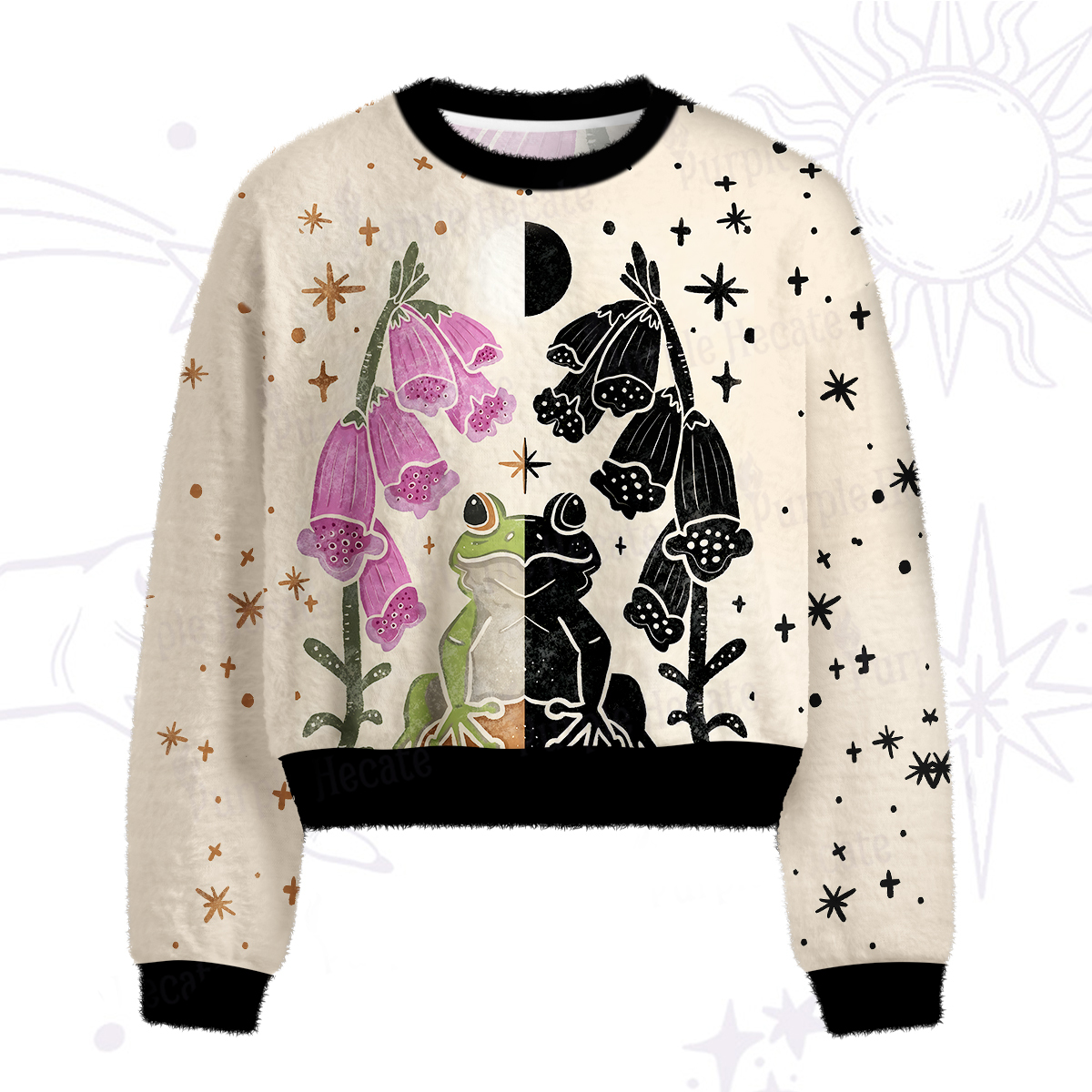 Purplehecate Dual-Tone Frog Garden Fuzzy Crewneck Sweater