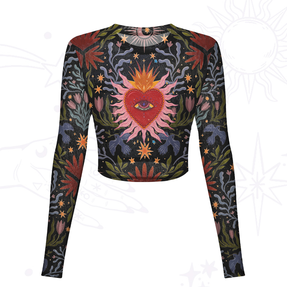 Purplehecate Sacred Flame Heart Mesh Long Sleeve Crop Top