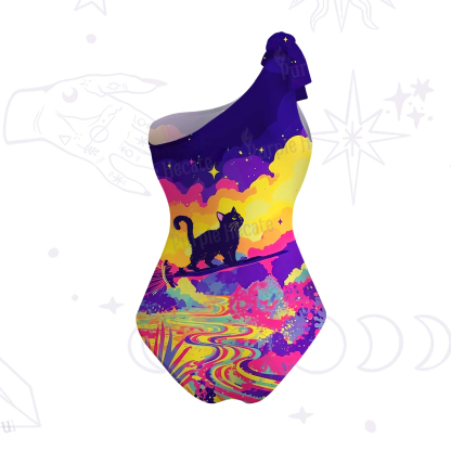 Purplehecate Midnight Cosmic Cat Fantasy One-Shoulder One-Piece Swimsuit